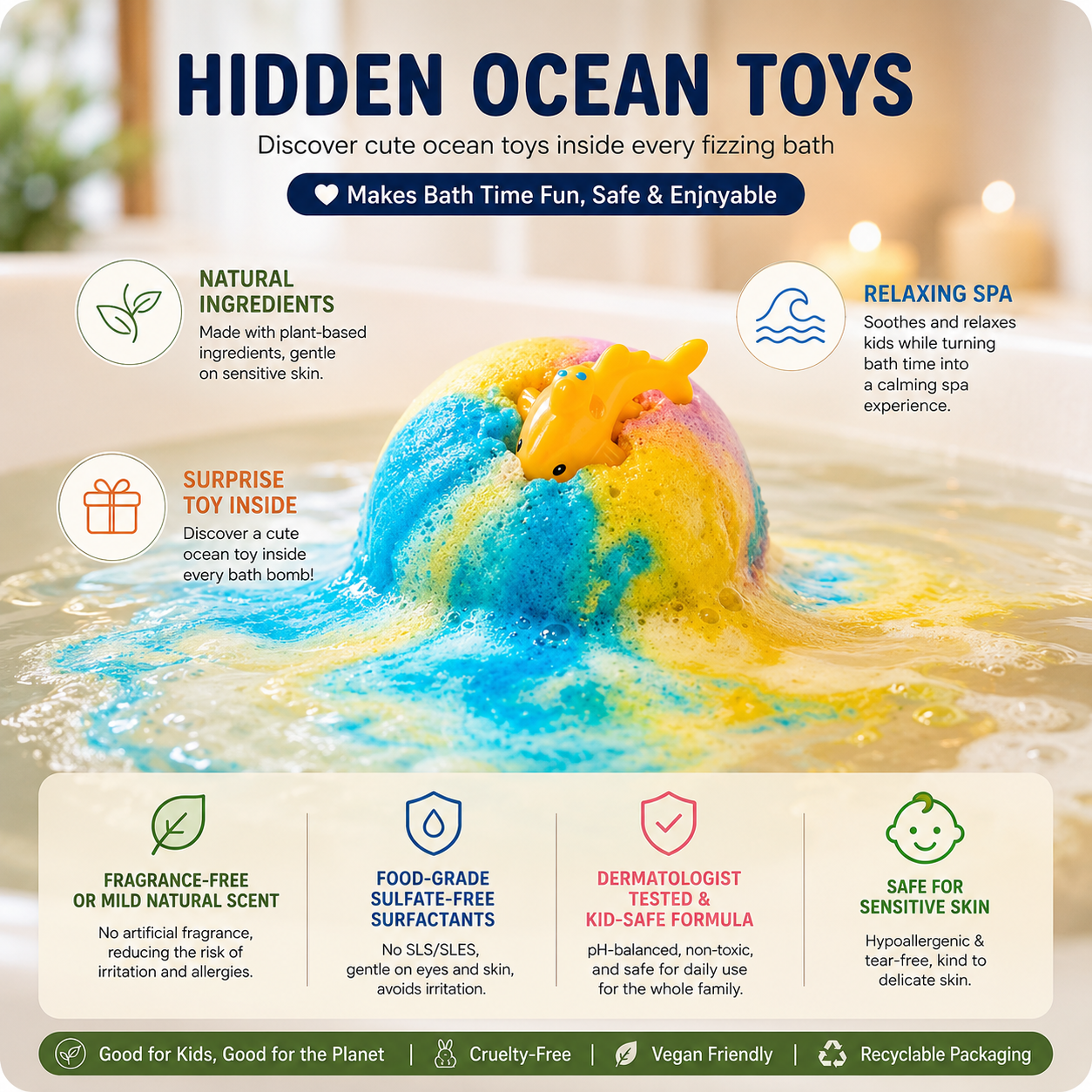 🔥 Limited Time – Save 70% Today🏆Gentle Kids Bath Bomb Set – Food-Grade Colors, Surprise Toys & Fun Bath Time Adventures